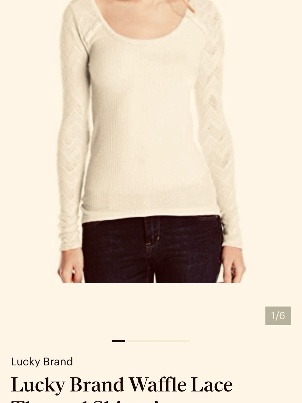 Lucky Brand Cream Scoop Neck Waffle Knit Sweater with Lace Like Sleeves